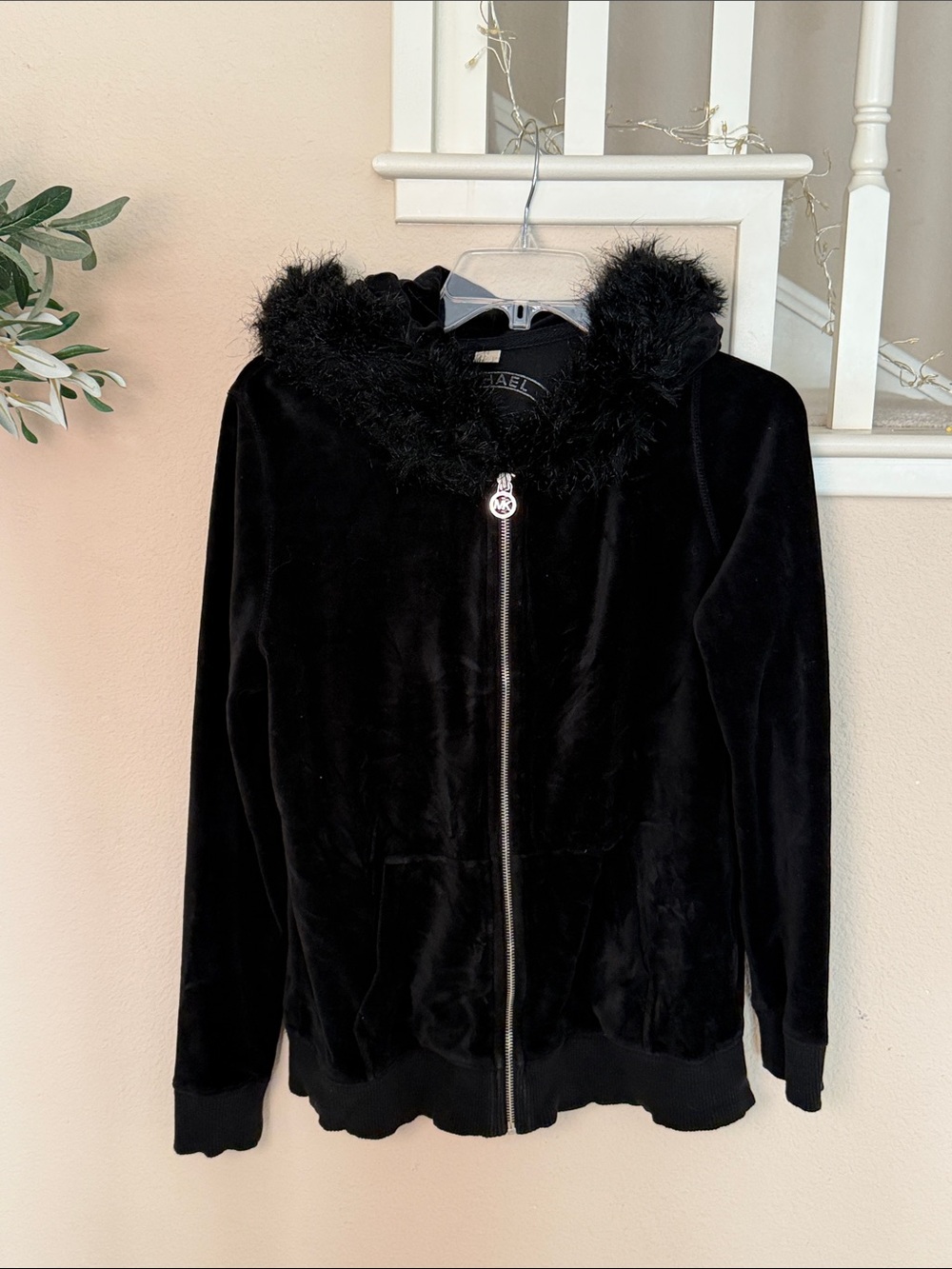 Michael Kors Black Plush Velour  Jacket with Faux-Fur Trim Hood